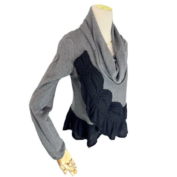 Anthropologie Moth Large Switching Sides Sweater-Cable Knit Cowl Neck Black Gray - Picture 11 of 12